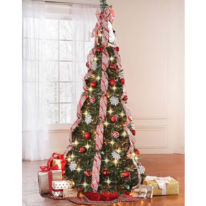 6ft Pop up Christmas Tree - Fully Decorated Pre-Lit Pull Up Tree Includes Storage Bag, Ornaments, Ribbon, Pinecones, Stand, and Warm UL Lights