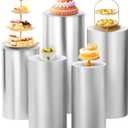 SaitiMade Set of 5 - Silver Cylinder Pedestal Stand Covers, Flexible Cylinder Stand Covers for Party, Wedding or Birthday Event Decor - Only Contains Cylinder Covers