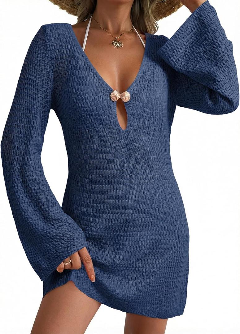 Dokotoo Beach Cover Ups for Women Sexy Deep V Neck Crochet Swimsuit Knit Hollow Out Cover Up Dress Summer Vacation, XL