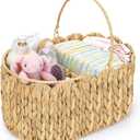Large Baby Diaper Caddy Organizer, Portable Wicker Water Hyacinth Storage Basket with Handles and Divided Sections, Nursery Tray for Diapers Baby Essentials, Baby Shower Gifts