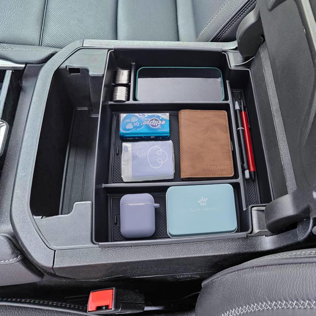 TOPINSTALL Power-Sliding Console Tray Compatible with 2021-2026 Chevy Tahoe/Suburban/GMC Yukon Accessories, Full-Size Armrest Organizer Black (Not for Standard Console with Charging Socket!)