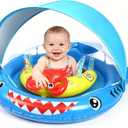 Baby Pool Float with Canopy for 6-36 Months - UPF 50+ Sun Shade Pool Float, Non-Flip Safety Seat with Toy Console, Adjustable Infant Swim Ring for Boys Girls