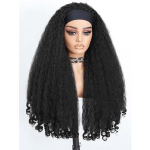Curly Headband Wig 26 InchAfro Curly Wigs for Black WomenKinky Straight Synthetic Hair with Bouncy Curls In the EndWear and Go Glueless Half Wig (Natural Black)