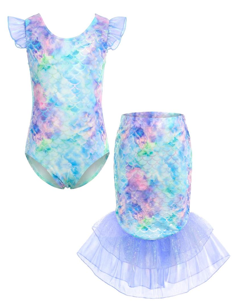 JiAmy Girls Mermaid Swimsuit 2 Piece Tankini Set Ruffle Sparkle Scale Bathing Suit with Mesh Tail Skirt for Toddler Little Kid