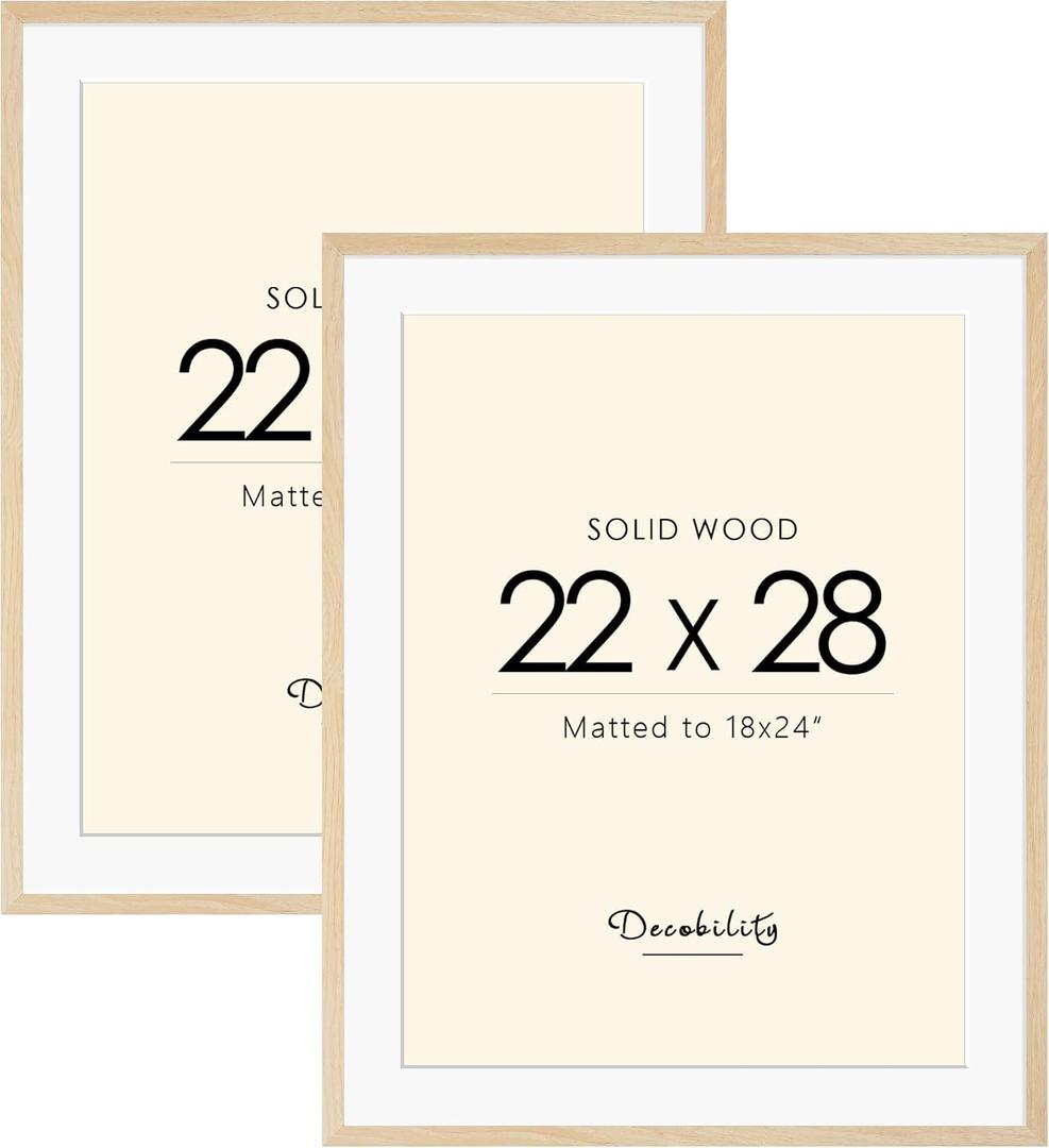 Decobility 22x28 Solid Wood Poster Frame, Natural Wood Picture Frame with Paper Mat, Display picture 18x24 with mat or 22x28 without Mat, Set of 2 Oak Wood Grain Picture Frame