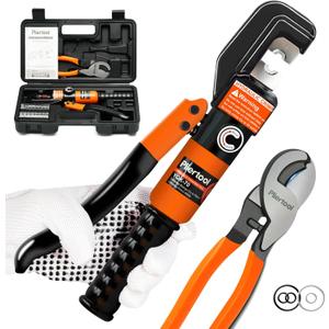 10 Ton Hydraulic Battery Cable Crimper with 9 Dies - Hydraulic Crimper Tool with Dual-Blade Weir Cutter & Spring-Loaded Handle Crimper Kit for 12-2/0 AWG, 1/8" Stainless Steel Railing