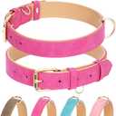 Leather Dog Collar for Small Medium Large Dogs, Soft Padded Dog Leather Collar with Heavy Duty Gold Buckle, Durable & Comfortable for Small Dogs Daily Walking (Hot Pink, S) (S:Neck 10-14, Width 3/4)