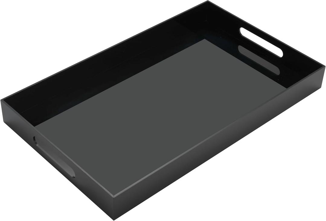 Glossy Black Acrylic Serving Tray with Handles-Butler Trays for Coffee Table, Snacks,Breakfast in Bed, Kitchen Countertop,Vanity,Makeup Organizer,Ottoman (Black, 12x20 Inches)