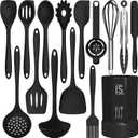Silicone Cooking Utensils Set - 446F Heat Resistant Kitchen Utensils,Turner Tongs,Spatula,Spoon,Brush,Whisk,Kitchen Utensil Gadgets Tools Set for Nonstick Cookware,Dishwasher Safe (BPA Free) (Black)