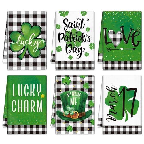 VitalCozy 6 Pcs St. Patrick's Day Kitchen Towels Shamrocks Buffalo Plaid Dish Towels Hand Towel 14 x 21 Inch Decorative Lucky Irish Tea Towel Spring Decoration for Kitchen Home Bathroom Gifts