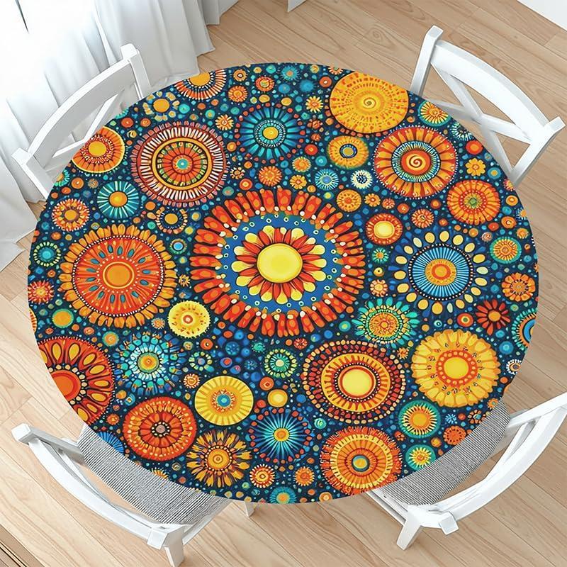 Boho Round Fitted Tablecloth with Elastic Edge Orange Bohemian Circle Table Cloth for 40-44" Tables Mandala Colorful Geometric Wipeable Washable Table Cover for Picnic Party Dining Outdoor Decor