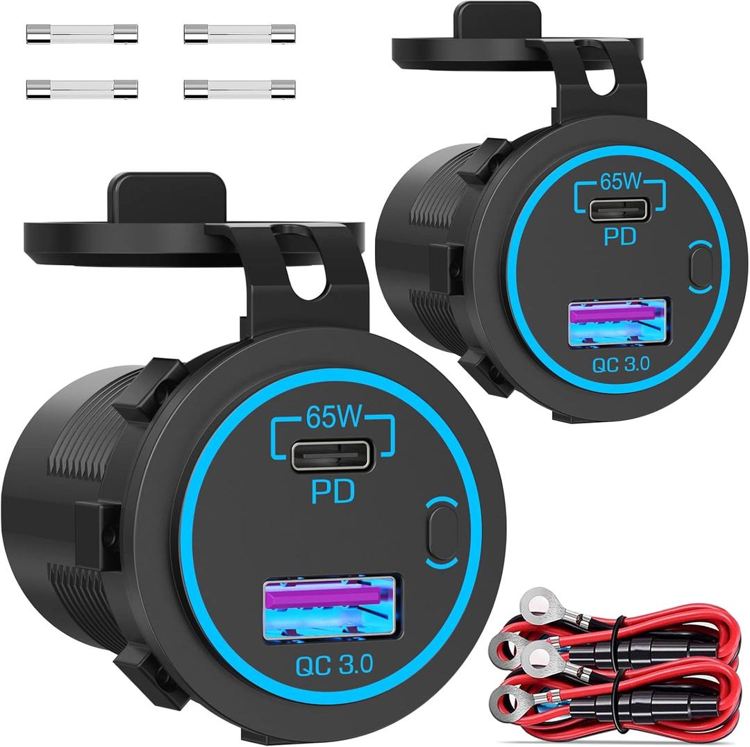83W 12V USB Outlet Laptop Charger: 2 Pack 65W USB-C PD3.0 and 18W QC3.0 Multi Car Port 12V Socket Waterproof with Power Switch for Car Boat Marine Bus Truck Golf Cart RV Moto, etc.