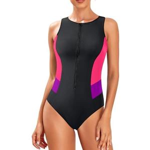 Tempt Me Women Athletic One Piece Swimsuit Zipper High Neck Bathing Suit Racerback Swimwear L