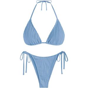 ZAFUL Textured Halter Bikini for Women 2 Piece Triangle Bikini Sets Sexy High Cut Bathing Suit Side Tie Swimsuits (S)