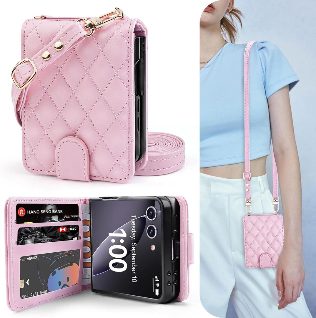 OCASE Compatible with Samsung Galaxy Z Flip7 Crossbody Wallet Case with Card Holder, PU Leather Handbag Phone Purse with RFID Blocking Wrist Strap Lanyard 2025, Pink