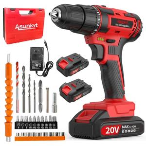 20V Power Drill Cordless, Cordless Drill with Battery and Charger with Torque 30N, Impact Function, 3/8-Inch Keyless Chuck for Screwdriving and Drilling (Battery×2)