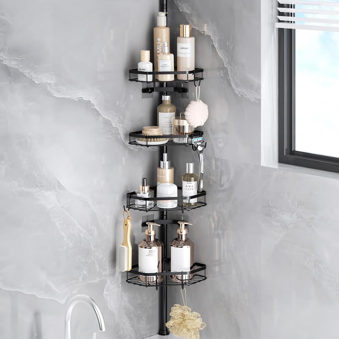 LAMU Corner Shower Caddy Tension Pole, Rust-resistant Shower Organizer, Strong Spring, 4 Adhesive Pads, Non-Slip Grid Base, Adjustable 4-Tier Basket, 8 Hooks, Fits Heights 19.7-113.8", Black