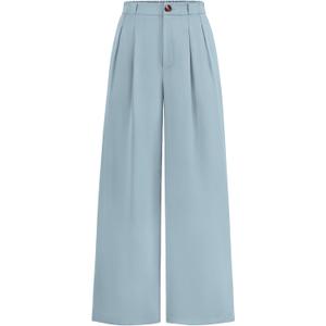 KIRUNDO Wide Leg Dress Pants for Women High Waisted Office Work Trousers Business Casual Slacks Button Flowy Palazzo Pant(Dusty Blue, Large)
