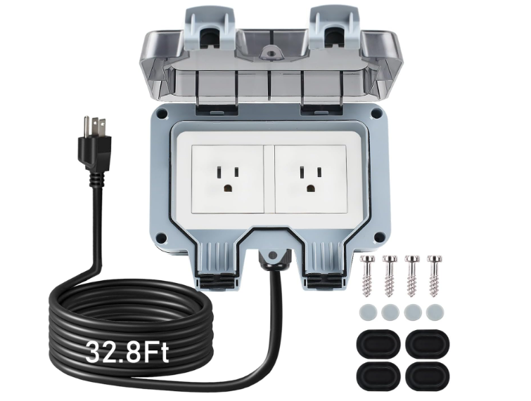 ZUYIYI Outdoor Power Outlet Box with 32.8Ft Extension Cord, NEMA 515R, STW 14 AWG, Weatherproof Waterproof IP66 Electrical Outlet Extender, Exterior Wall Power Socket w/Cover for Garden