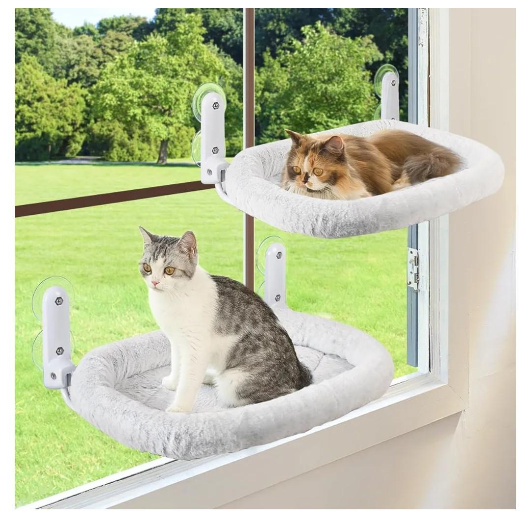 Zoratoo 2PC Cat Window Perch with Bolster Foldable Cat Hammock Cushion Bed for Window with Metal Frame, Large Suction Cups Cordless Window Resting Seat for Indoor Cats (Cushion Bed, 2PC)