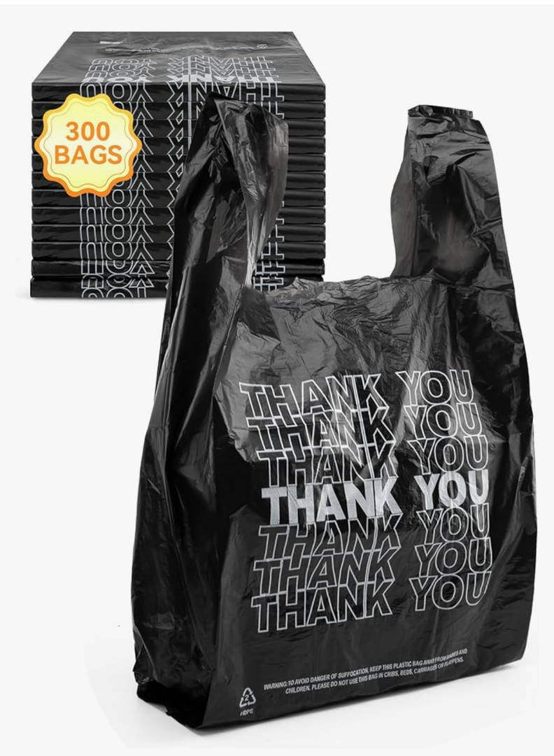 300 Count Thank You Plastic Bags, 12" x 6" x 22", 15 Mic Black Grocery Bags with Handles, Ideal for Restaurants, Retail, Grocery Stores, Takeout, Convenience Stores