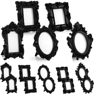 Maitys 15 Pcs Mini Picture Vintage Frames with Stands Tiny Antique Photo Baroque Ornate Resin Oval Frame Table Top Display Home Wedding Decor (Black)