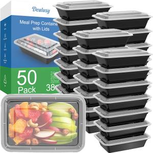Dealusy 50 Pack (100-Piece) 38 oz Meal Prep Containers Reusable with Lids, Sturdy Leakproof & Food Safe, Microwave, Freezer, Dishwasher Safe Prep Containers, To Go Take Out Plastic Food Storage