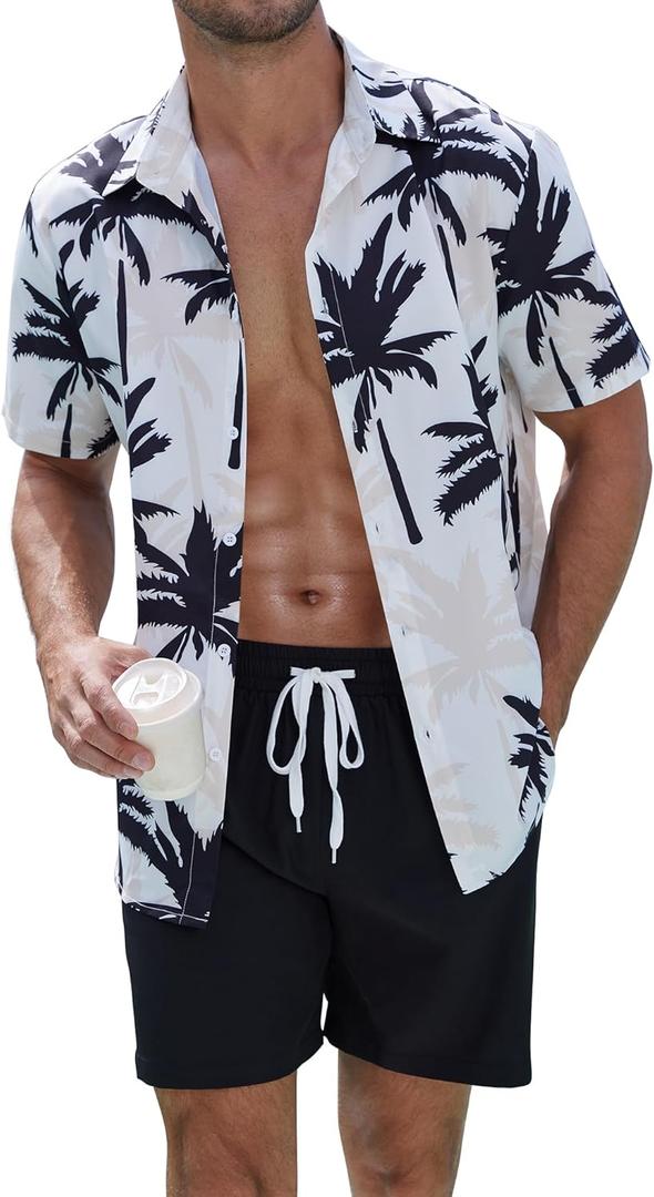 UOUA Men's Beach 2 Piece Outfits Hawaiian Flower Button Down Shirts and Shorts Sets (XX-Large, Whitepalm)