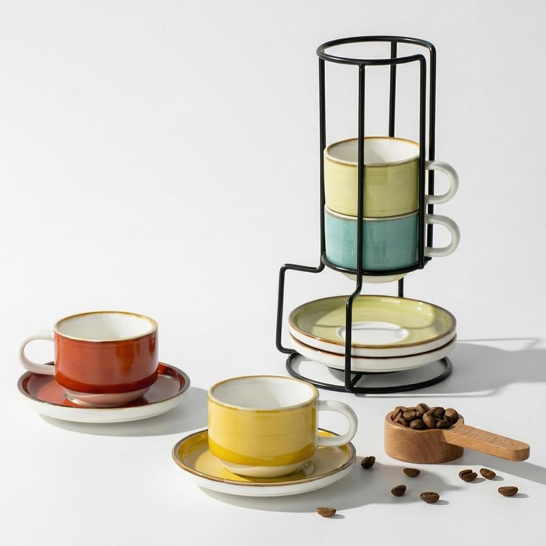 ONEMORE 2.5 Oz Espresso Cups Set of 4, Stackable Porcelain Coffee Cups with Saucers and Metal Stand, Demitasse Mugs for Espresso, Cappuccino, Latte, Microwave & Dishwasher Safe