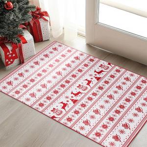 2x3 Machine Washable Christmas Throw Rugs Bells Rug Xmas Carpet Doormat Non-Slip Holiday Decorative Floor Snowflake Rug for Indoor Outdoor Front Entrance Bathroom Kitchen(Xmas Deer White,2x3ft)