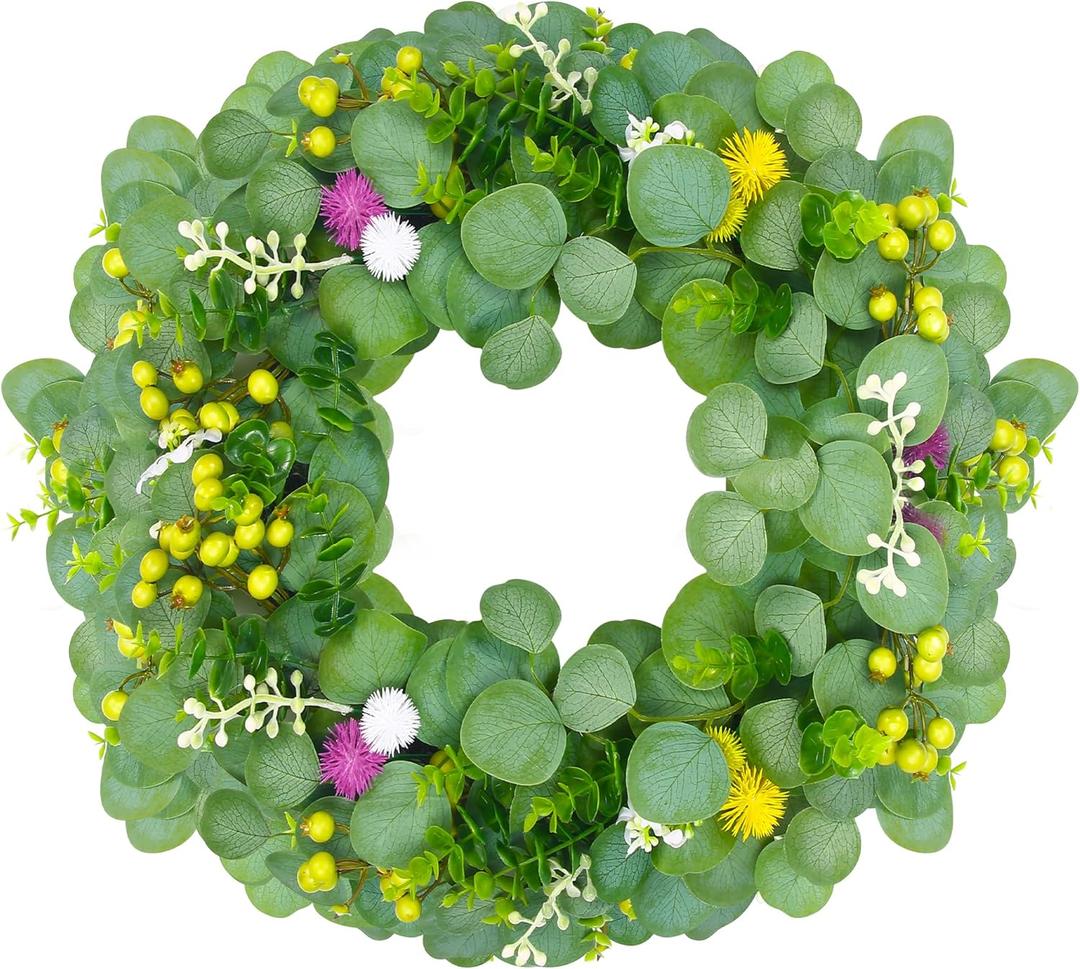 18" Green Berry Eucalyptus Leaf Wreath, Artificial Spring And Summer Wreath With Pink Purple Cones And Pomegranate Fruit Decorations Your Front Door And Windows, Suitable For Indoor And Outdoor