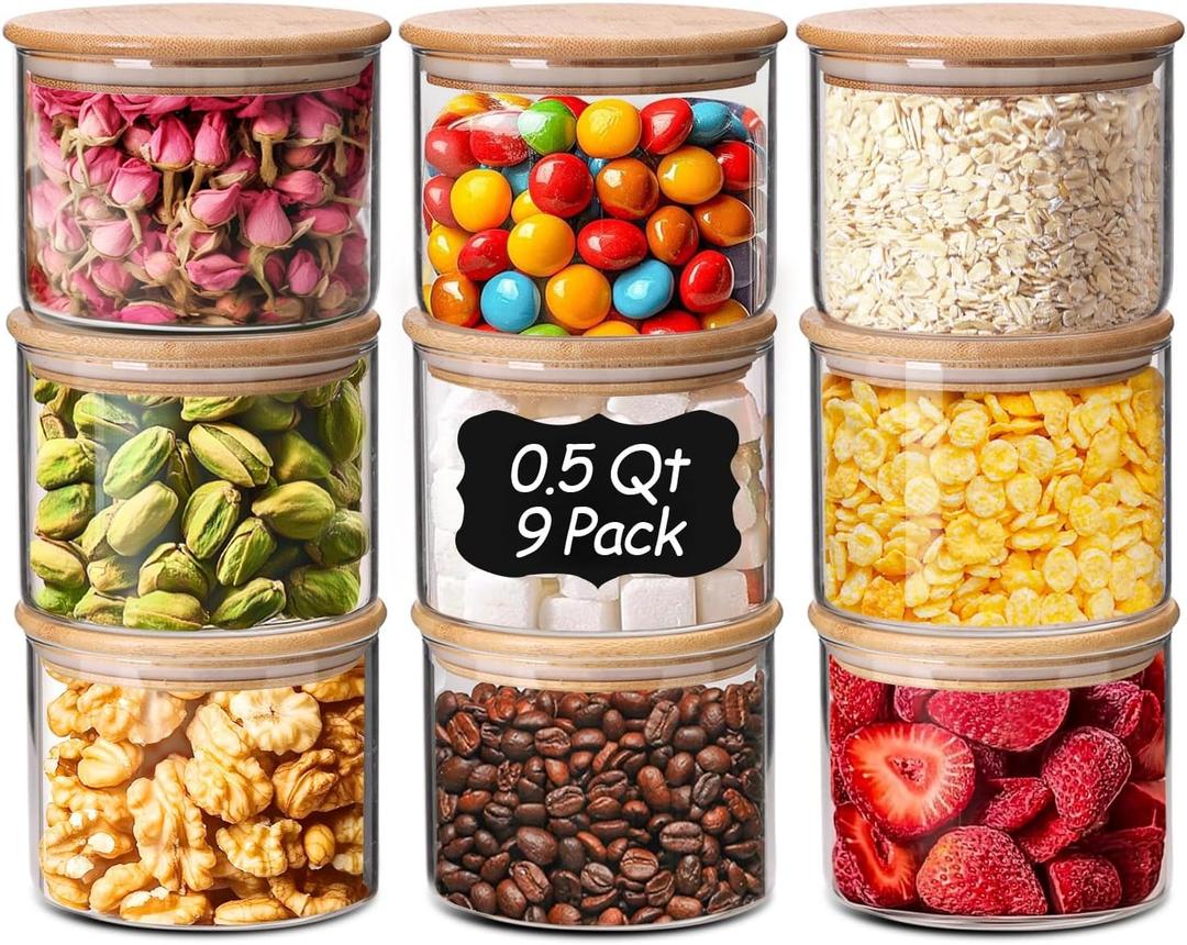 ComSaf 0.5 Qt Glass Food Storage Jars Set of 9, Clear Glass Storage Containers with Lids, Pantry Organization Jar, Spice, Salt, Blooming Tea, Coffee, Oat and Sugar Container, Small jar Set for Kitchen
