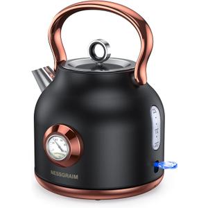 Retro Electric Kettle, 1.7L Stainless Steel Tea Kettle with Large Temperature Gauge, 1500W Fast Heating Hot Water Boiler with LED Indicator, Auto Shut-off & Boil-Dry Protection-Reteo Black (Retro Black)