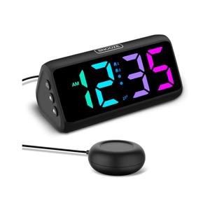 Netzu Loud Alarm Clock for Heavy Sleepers, Plug-in RGB Vibrating Alarm Clocks with Bed Shaker, 5 Dimmers, 2 Alarms and Snooze for Bedrooms Hearing Impaired Deaf Adults (Black)