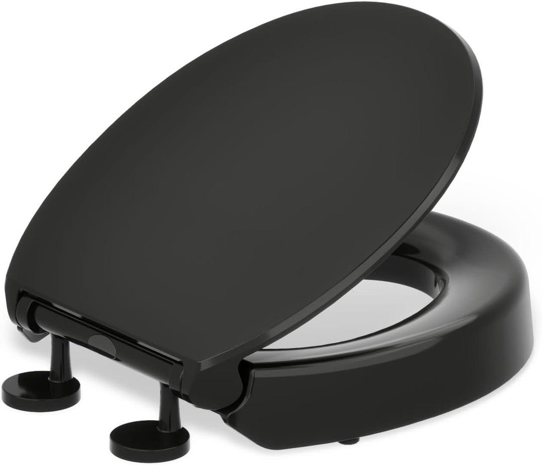 KOHLER 25876-7 Hyten Elevated Quiet-Close round-front toilet seat, Black Black