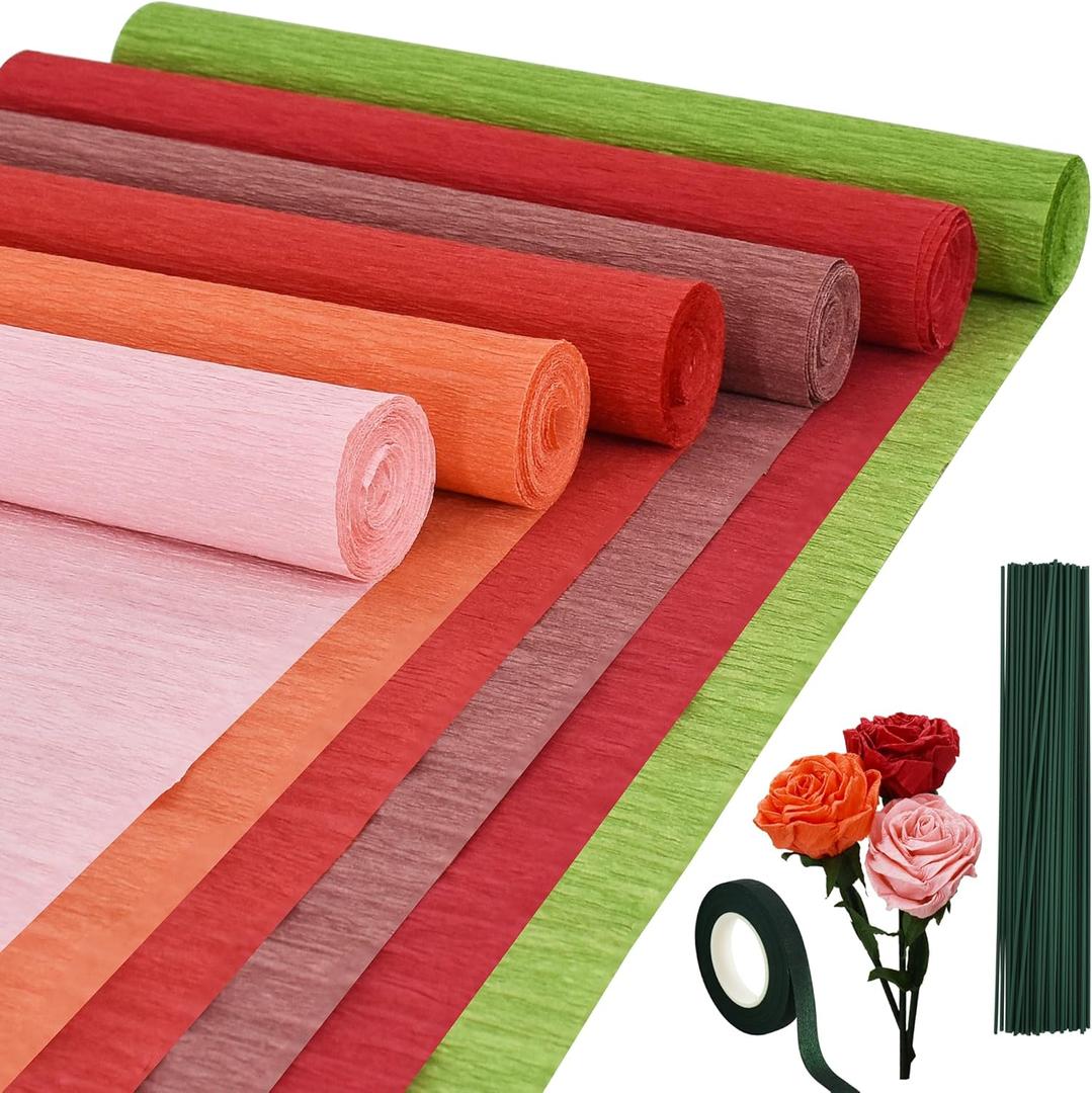 BEISHIDA 6 Rolls Crepe Paper Roll, 6 Red Series Crepe Paper Sheet for Flower Making, Flowers Kit with Tape and Wire for Wedding Birthday Holiday Party Decoration,DIY Craft(9.8in x 8ft/Roll)