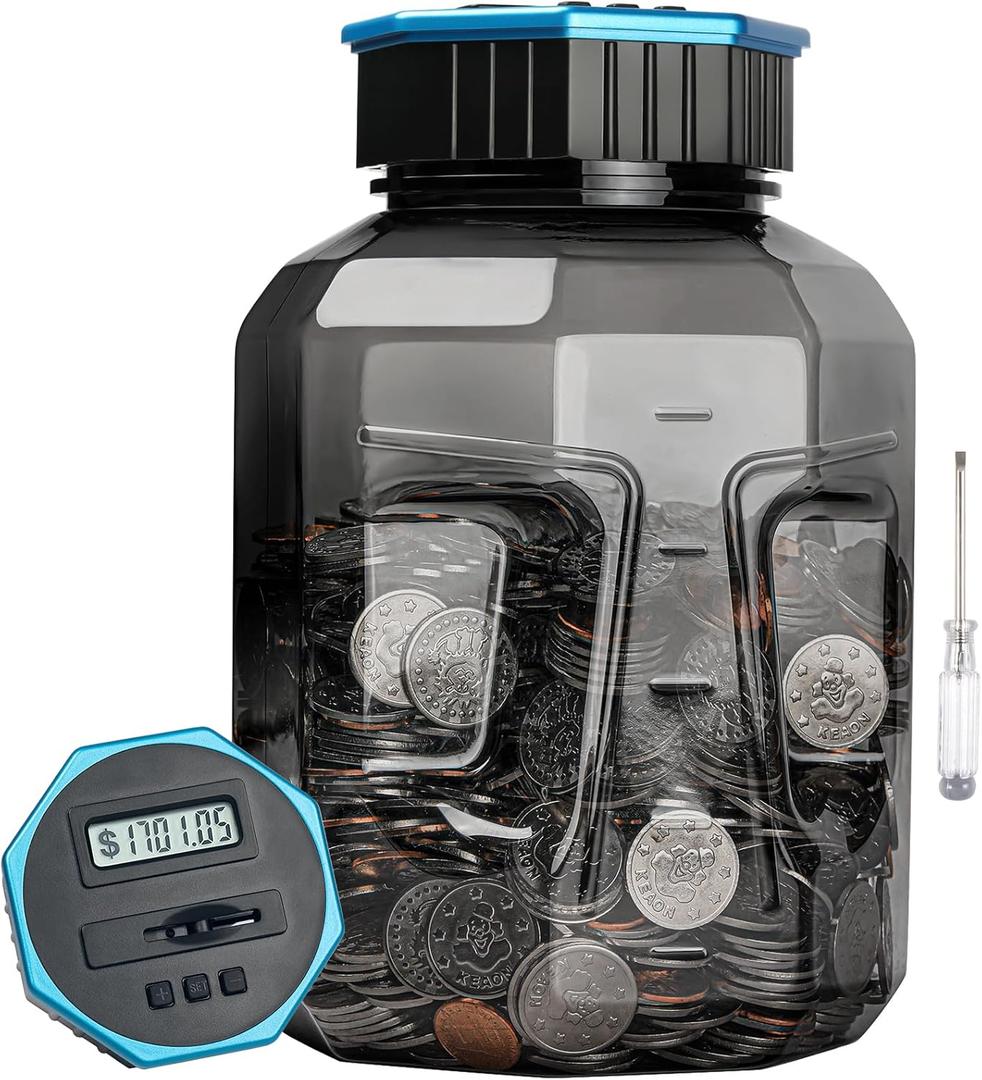 X-Large Piggy Bank for Adults Kids, Vcertcpl Digital Coin Counting Bank with LCD Counter, 2.4L Capacity, Great Coin Counter Bank Money Counting Jar with Total Amount Displayed (Gray2, X-Large)