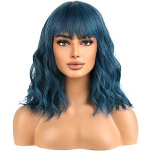 WTHCOS Mixed Blue Wigs for Women Short Blue Curly Wavy Wig With Bangs for Girls Heat Resistant Synthetic Cosplay Wigs for Daily Use With Wig Cap