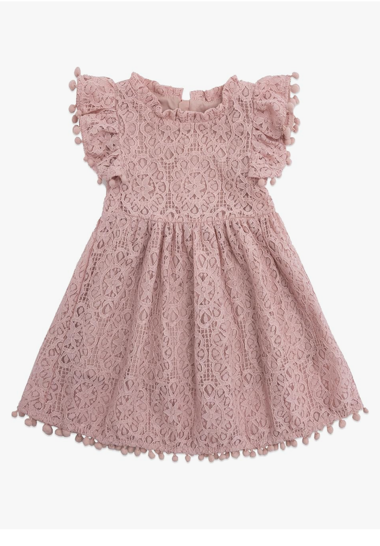 Toddler Girls Lace Dress Pom Pom Ruffle Sleeve Kids Party Birthday Princess Dresses, Size 70