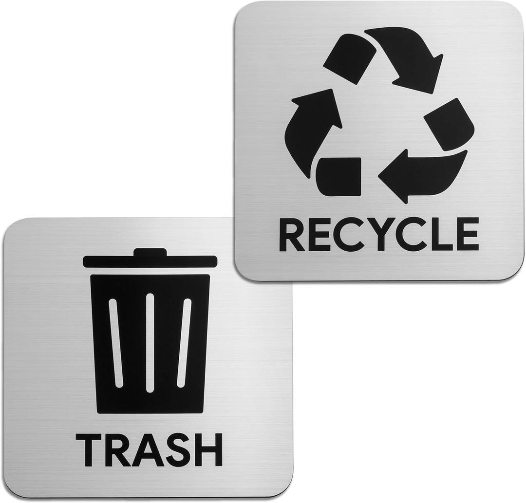 Sutter Signs Trash and Recycle Signs | Large Silver Metal Finish Plastic Plaques with Strong Adhesive Sticker Backing for Kitchen Garbage Cans & Recycling Bins, 5.5" x 5.5"