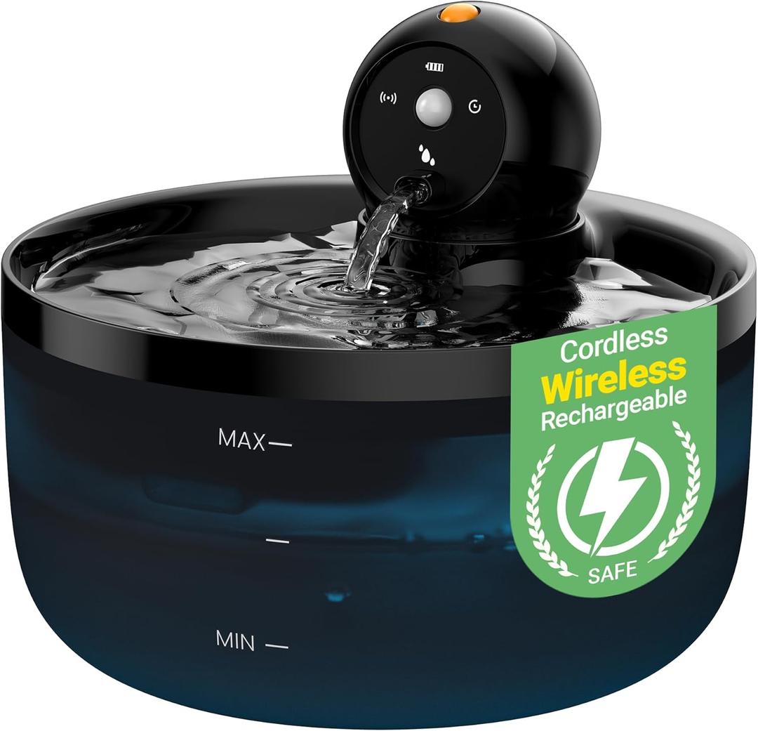Cat Water Fountain Wireless Cordless: Cat Fountain for Drinking Battery Operated - 88oz/2.6L Black Pet Water Fountain Rechargeable - Quiet Cats Water Bowl Dispenser with Motion Sensor - Small Animals