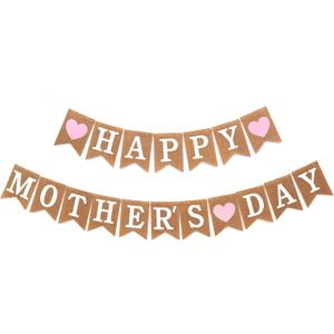 Happy Mother's Day Decorations Banner Burlap, Mothers Day Decor Hanging Banner Sign for Home Office Wall Party Supplies- No DIY