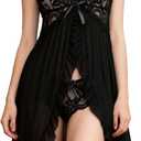 Women Sexy Black lace Lingerie Sheer V Neck Strapless Nightgown See Through Bra and Panty Set