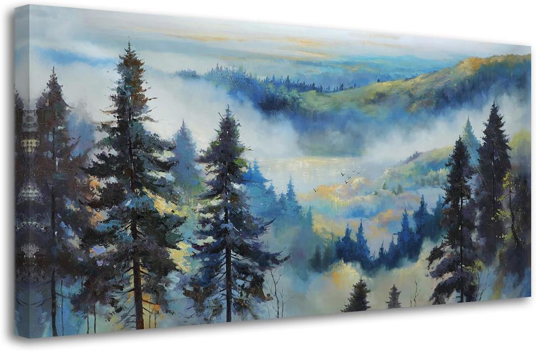 Anolyfi Large Foggy Forest Canvas Wall Art Living Room Landscape Mountain Painting, Blue Pine Tree Scenery for Bedroom Bathroom Kitchen Office Home Decor 40"x20"