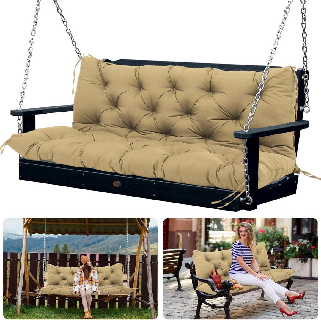 Porch Swing Cushions Replacement 60 inch with Backrest Extra Thick 5" Waterproof 3 Seater Swing Cushions for Outdoor Furniture Patio Bench (Khaki 60x40x5inch)