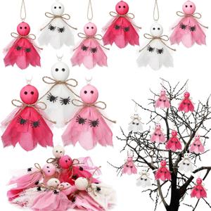 Syhood 12 Pcs Halloween Hanging Ornaments Pink Ghost Ornaments for Halloween Tree Decorations Fabric Pink and White Ghosts Decorations for Christmas Tree Home Mantel Banner Craft Party Supplies