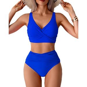Fanuerg Women High Waisted Bikini Sets V Neck Cross Twist Front Two Piece Swimsuit Tummy Control Bathing Suit Rose Royal Blue M