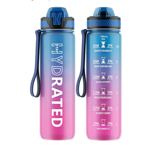 Water Bottle with Straw, 32oz Motivational Water Bottles with Time Marker to Drink, Tritan BPA Free, 1L Sports Water Bottle with Carry Strap LeakProof for Women Gym Fitness Outdoor (1 Pack)