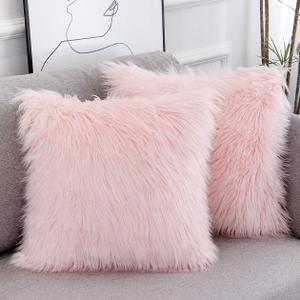 WLNUI Pink Faux Fur Pillow Covers 18x18 Inch, Set of 2 Plush Decorative Throw Pillow Case for Couch Sofa Bed, Soft Fluffy Blush Pink Cushion Cover with Hidden Zipper for Bedroom Girls Room Dorm Decor