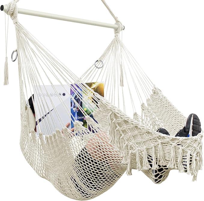 Hammock Chair, Cotton Rope Handwoven Chair with Collapsible Metal Spreader Bar Max 330 LBS for Indoor&Outdoor, Patio, Garden, Yard (Beige)